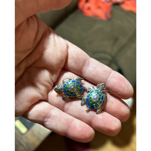 Vintage Sterling Silver 925 Enamel Turtle Stud Earrings - Picture 14 of 16